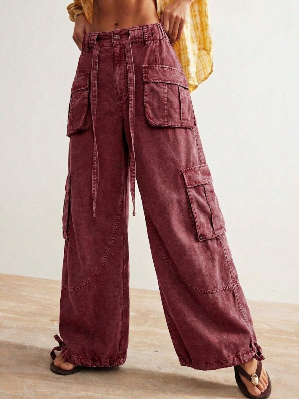 Burgundy Casual Women's Woven Loose Drawstring Waist Low-Rise Wide Leg Pants - Picture 9 of 10
